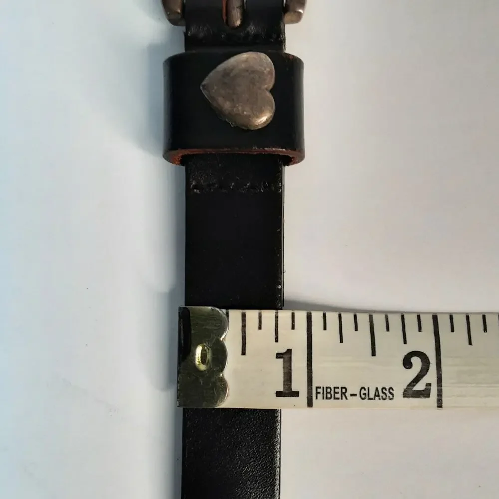 Womens Black Leather Brass Heart Studed Skinny Belt Size Medium Punk Moto